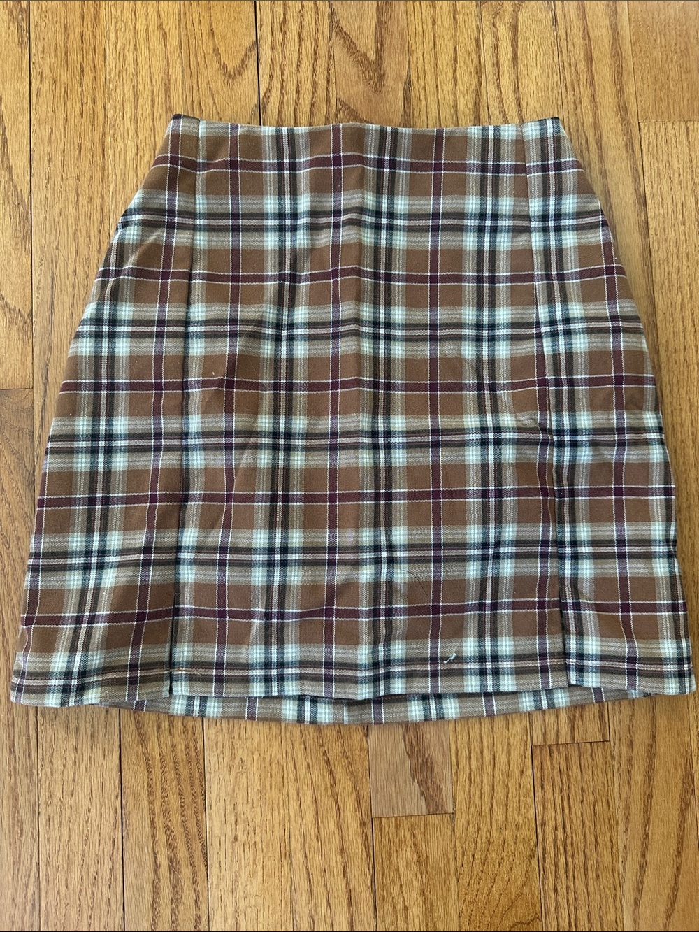 Brandy Melville Brown Plaid Mini Skirt with Cream and Black Stripes